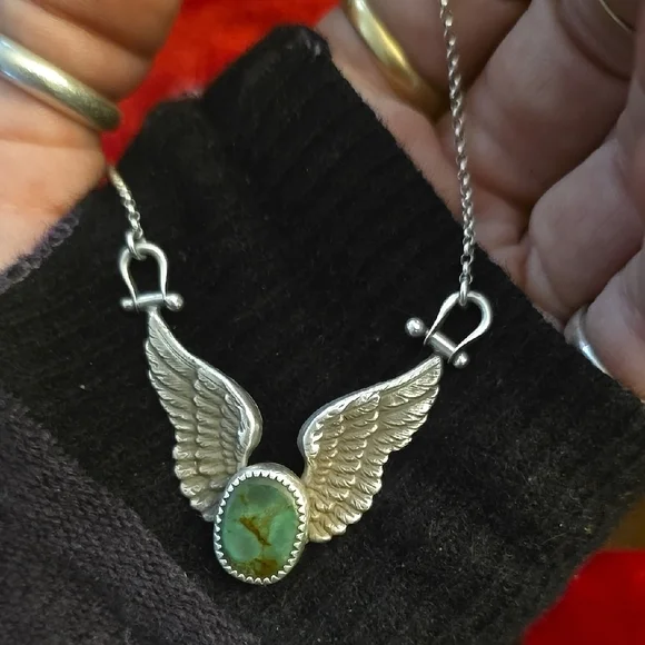 Silver Wings Necklace with Green Fox Turqouise - Picture 3 of 5
